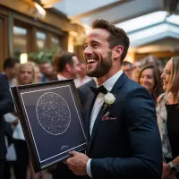 A groom holding a starrymaps print